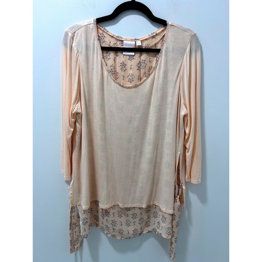 Lauren Conrad Peach Floral Layered Mixed Media Tunic Top Long Sleeve XL